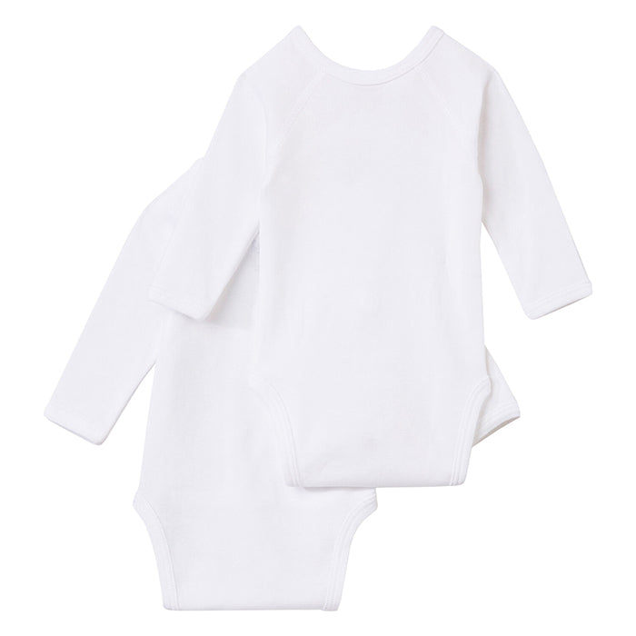 Two white long sleeved jersey bodysuits with wrap front from the back.
