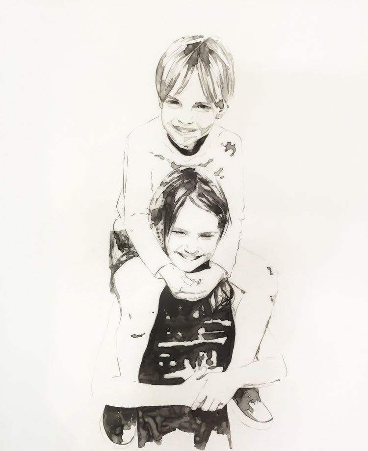 Commissioned black and white ink drawing of children by Elizabeth Dyer.