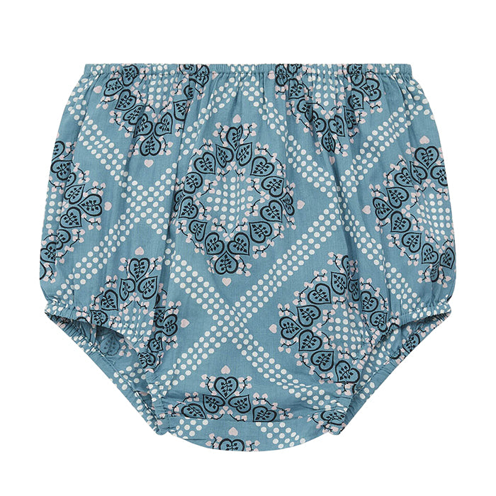 Bloomers in woven blue cotton fabric in a bandana style leaf print.