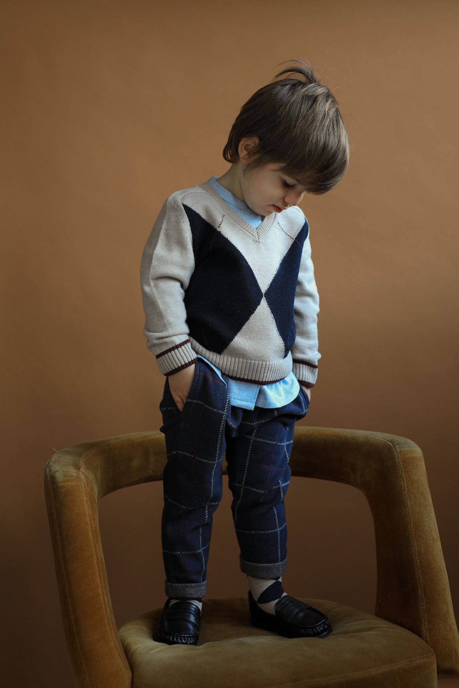 1+ In The Family Baby And Child Robin Pants Dark Navy Blue Big Checks