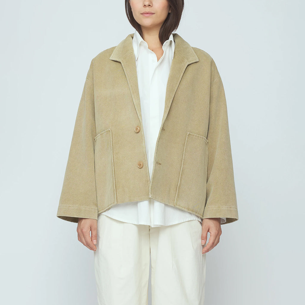 7115 By Szeki Unisex Lapel Short Coat Washed Tan Beige