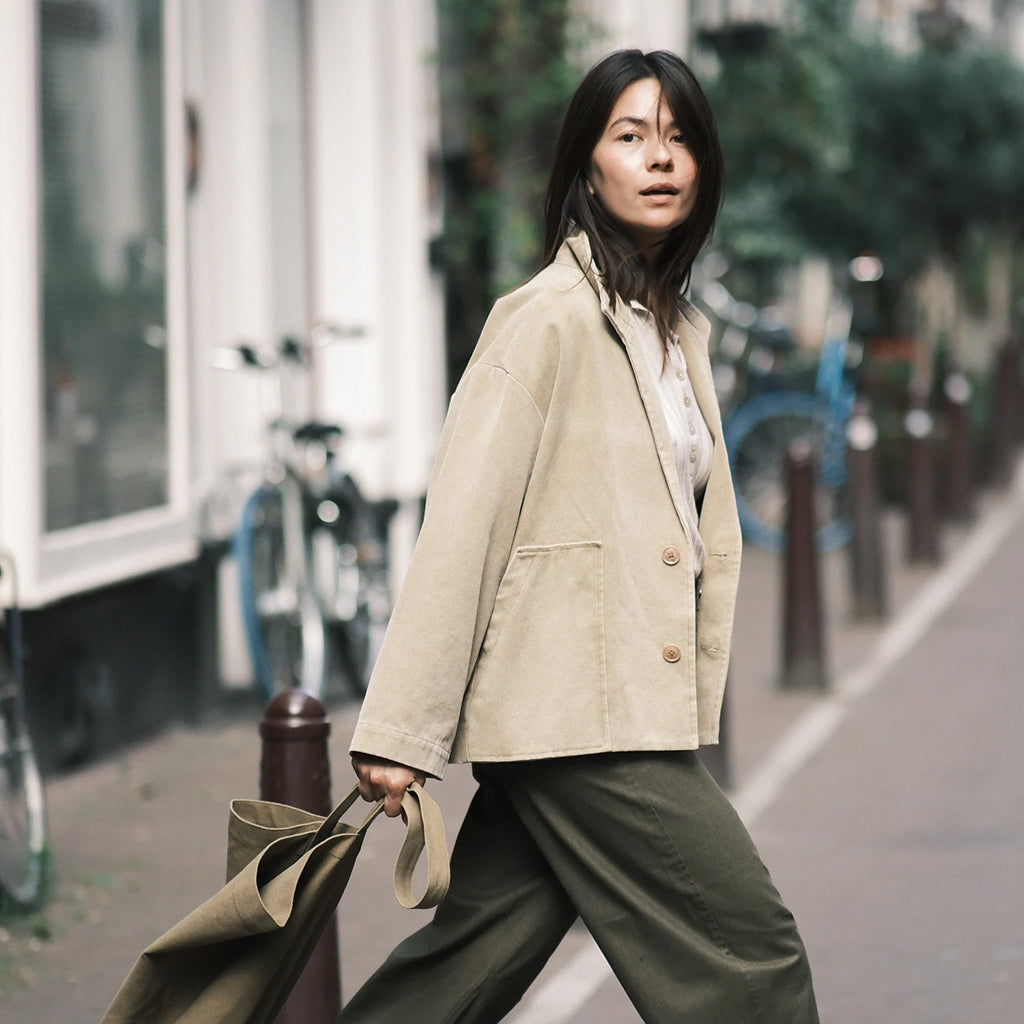 7115 By Szeki Unisex Lapel Short Coat Washed Tan Beige