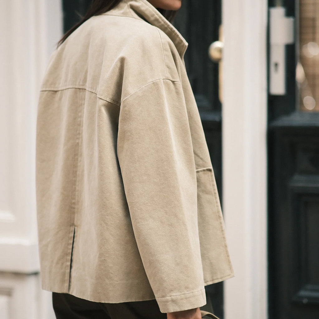 7115 By Szeki Unisex Lapel Short Coat Washed Tan Beige