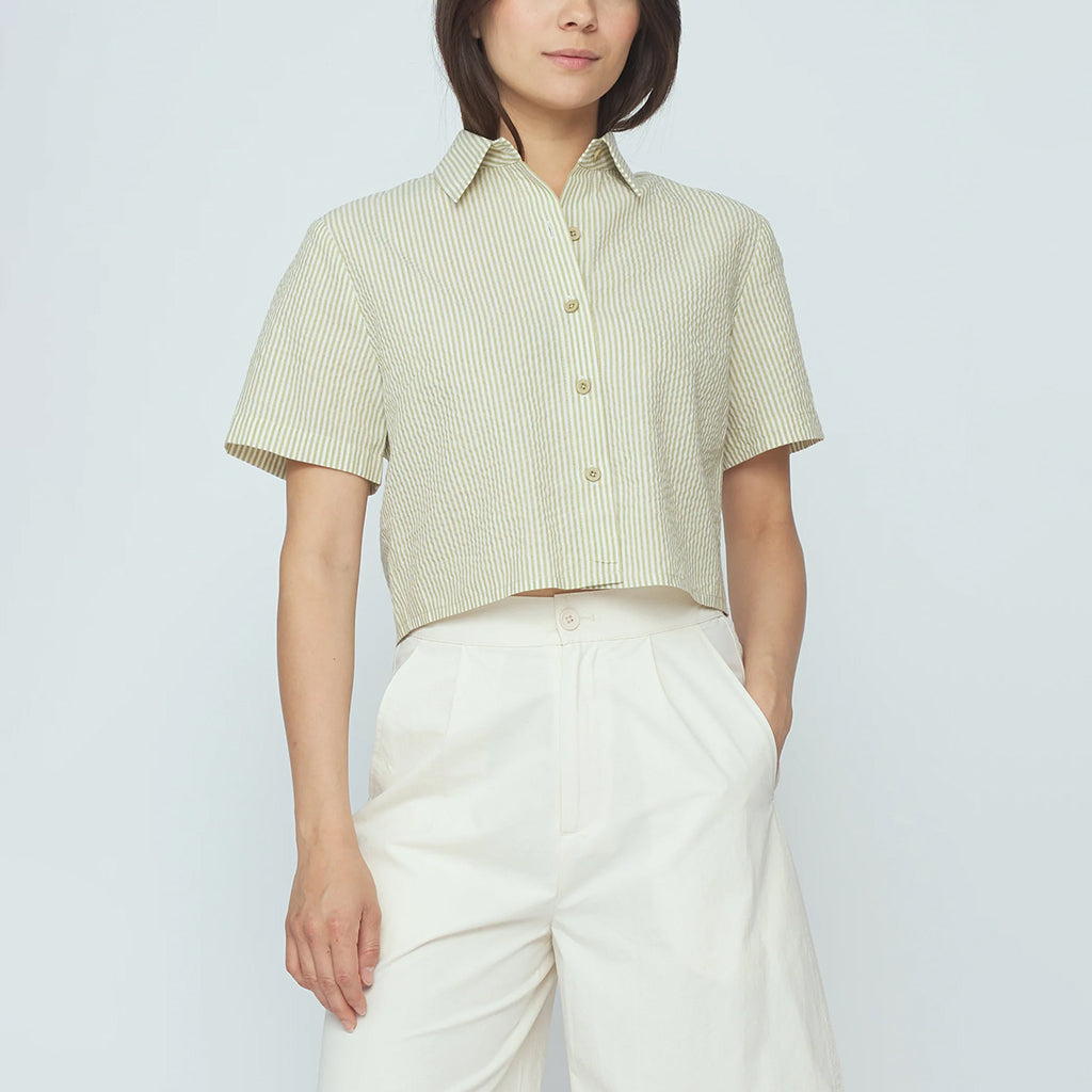7115 By Szeki Woman Cropped Shirt Mustard Yellow Stripes