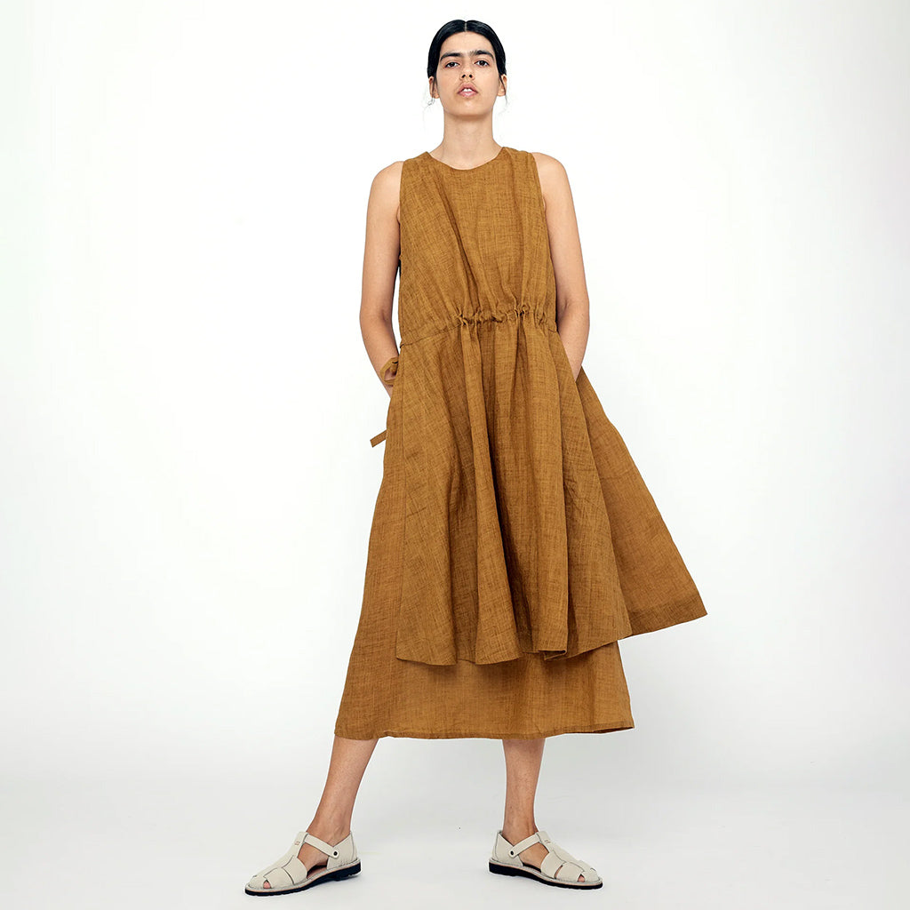 7115 By Szeki Woman Layered Summer Dress Mustard Brown