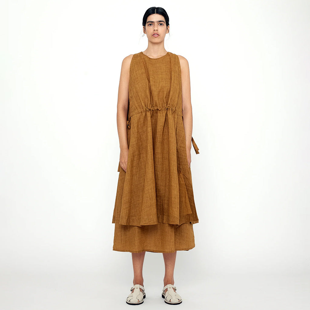 7115 By Szeki Woman Layered Summer Dress Mustard Brown