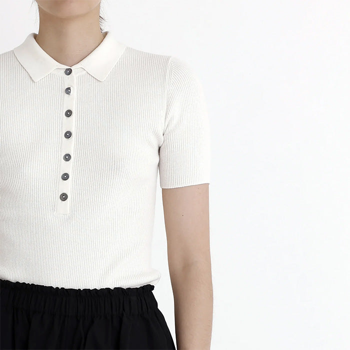 7115 By Szeki Collar Ribbed Short Sleeve T-Shirt Off White