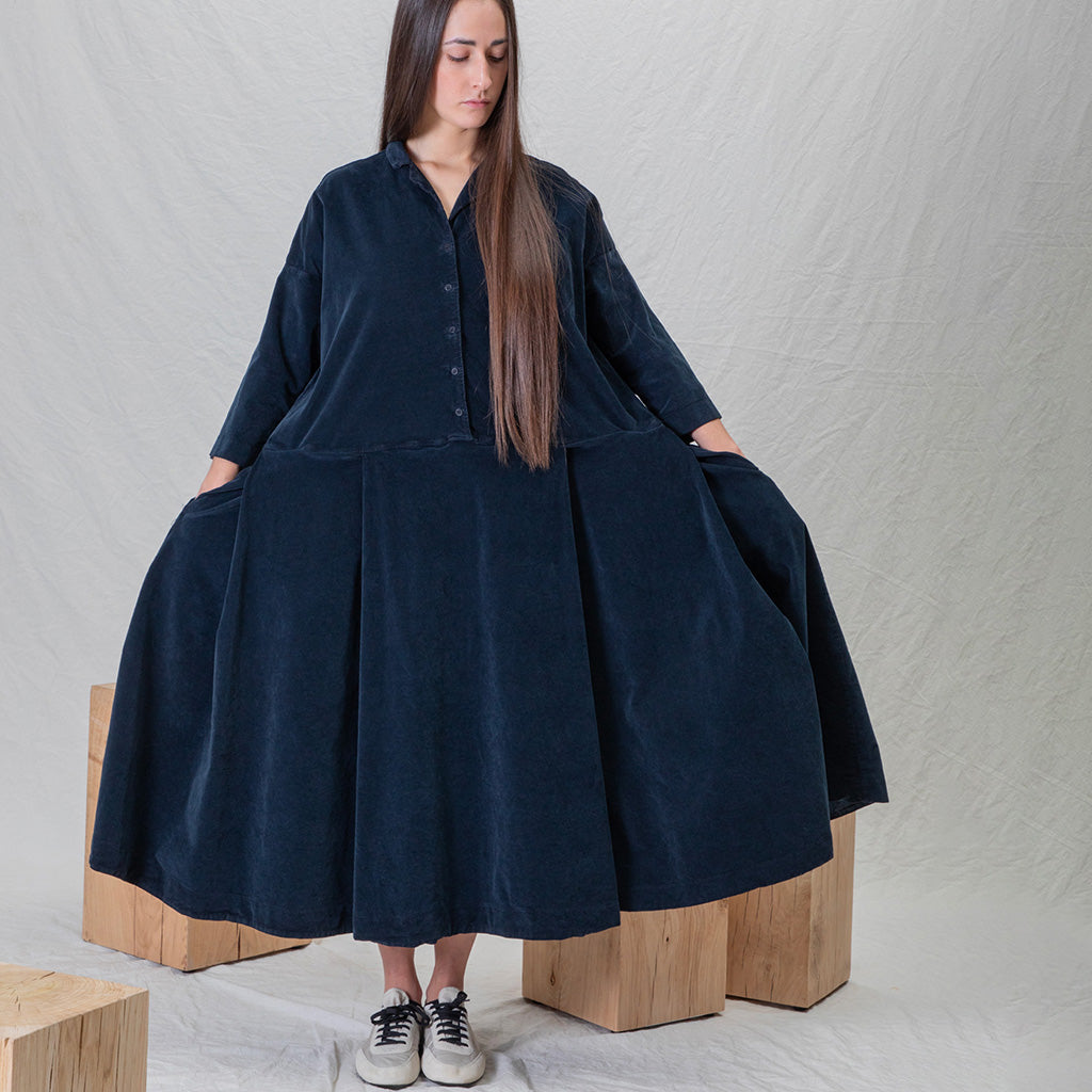 Album Di Famiglia Woman Velvet Tailored Collar Dress Navy Blue