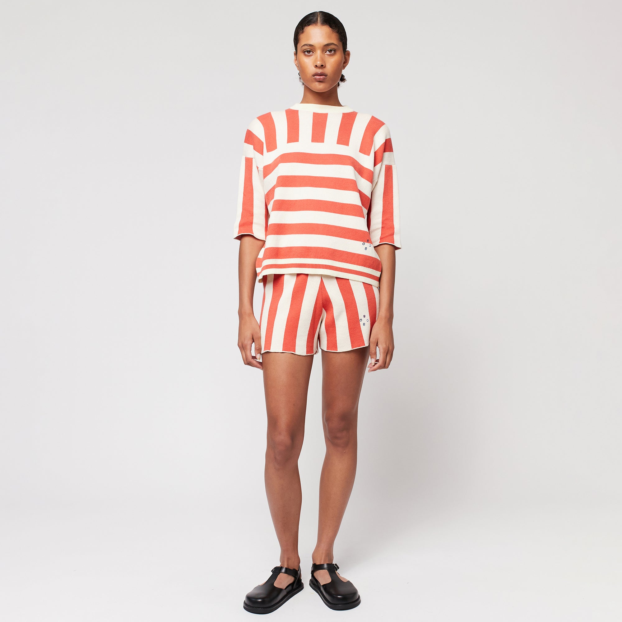 Bobo Choses Woman Knit T-shirt Cream And Burgundy Stripes