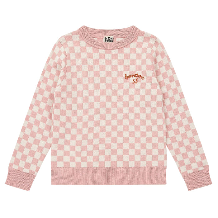 Bonton Child Checkerboard Sweater Rose Wood Pink