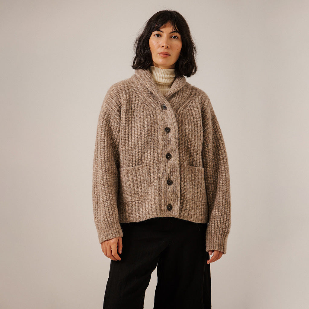 Bare Knitwear Trunk Show Woman Oversized Shawl Cardigan Dark Fawn Brown