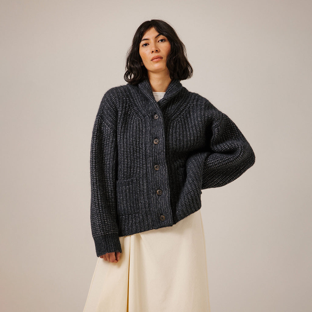 Bare Knitwear Trunk Show Woman Oversized Shawl Cardigan Dark Navy Blue