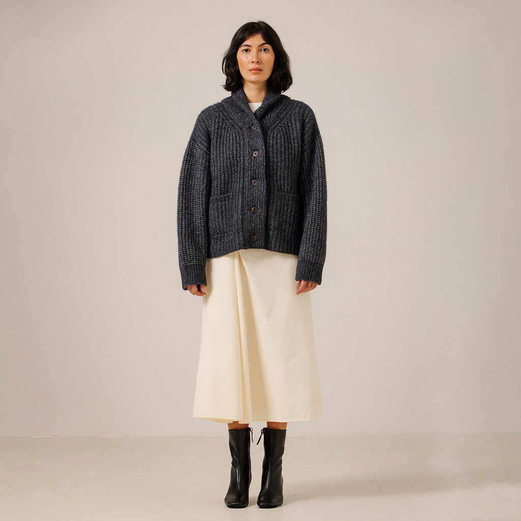 Bare Knitwear Trunk Show Woman Oversized Shawl Cardigan Dark Navy Blue