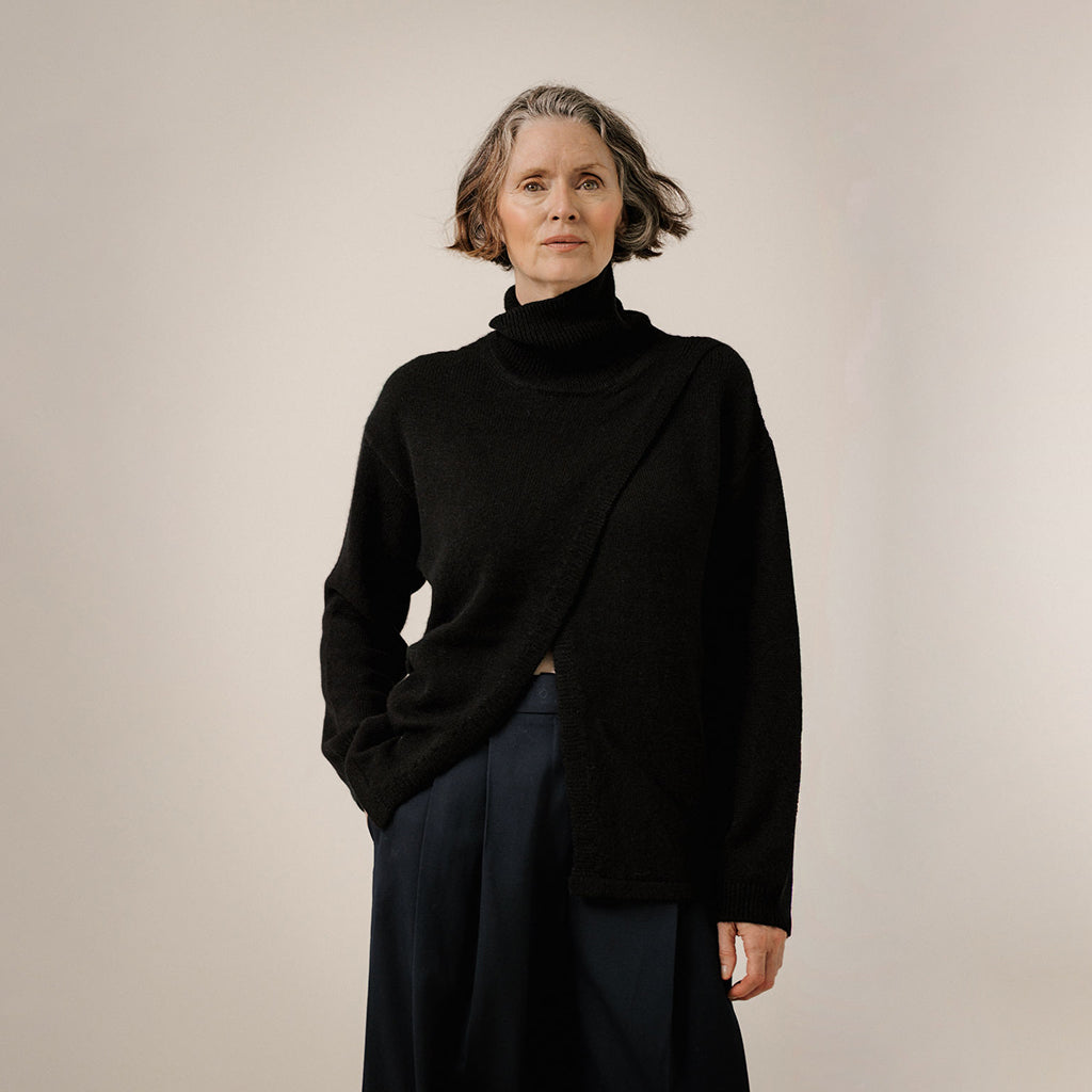 Bare Knitwear Trunk Show Woman Asymmetric Funnel Neck Sweater Classic Black