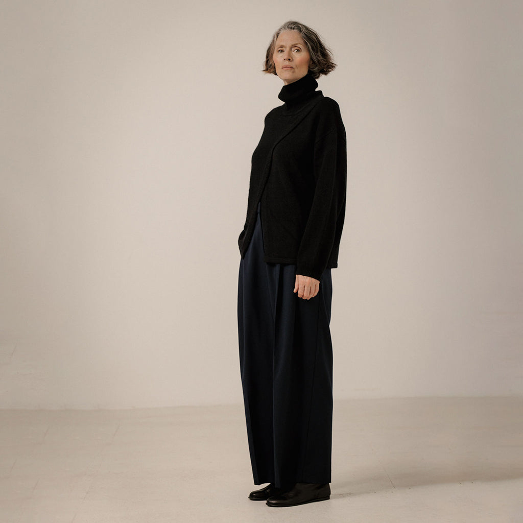 Bare Knitwear Trunk Show Woman Asymmetric Funnel Neck Sweater Classic Black