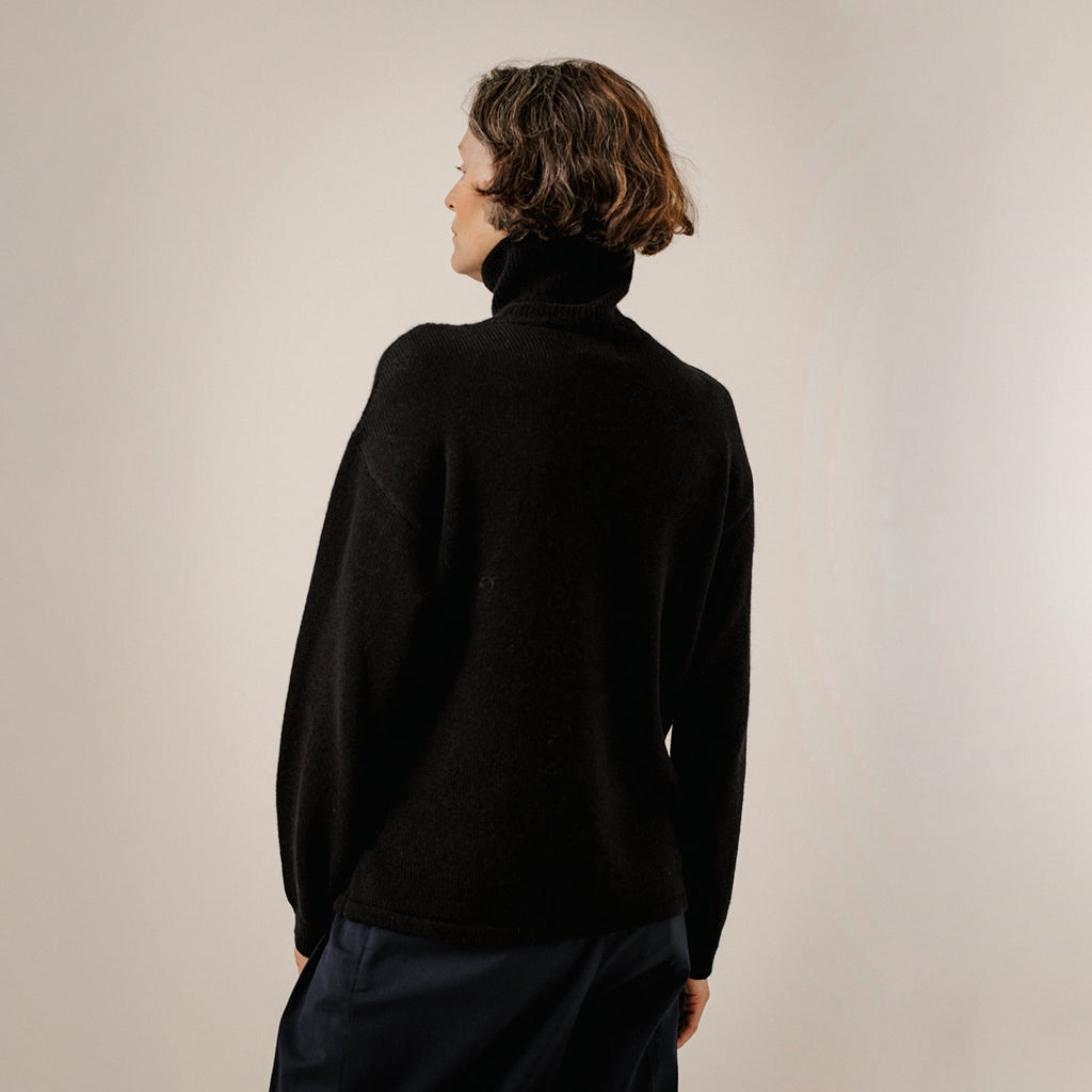 Bare Knitwear Trunk Show Woman Asymmetric Funnel Neck Sweater Classic Black
