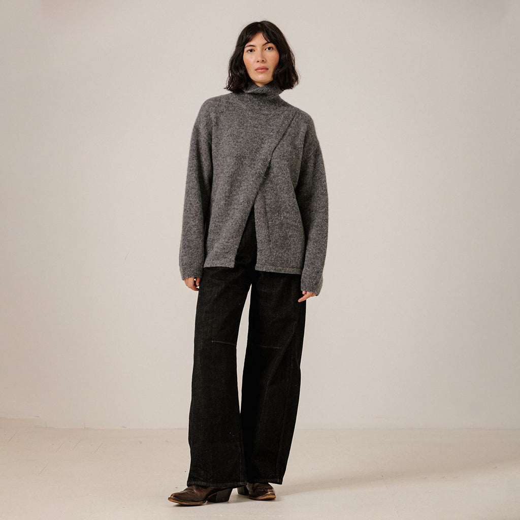 Bare Knitwear Trunk Show Woman Asymmetric Funnel Neck Sweater Charcoal Grey