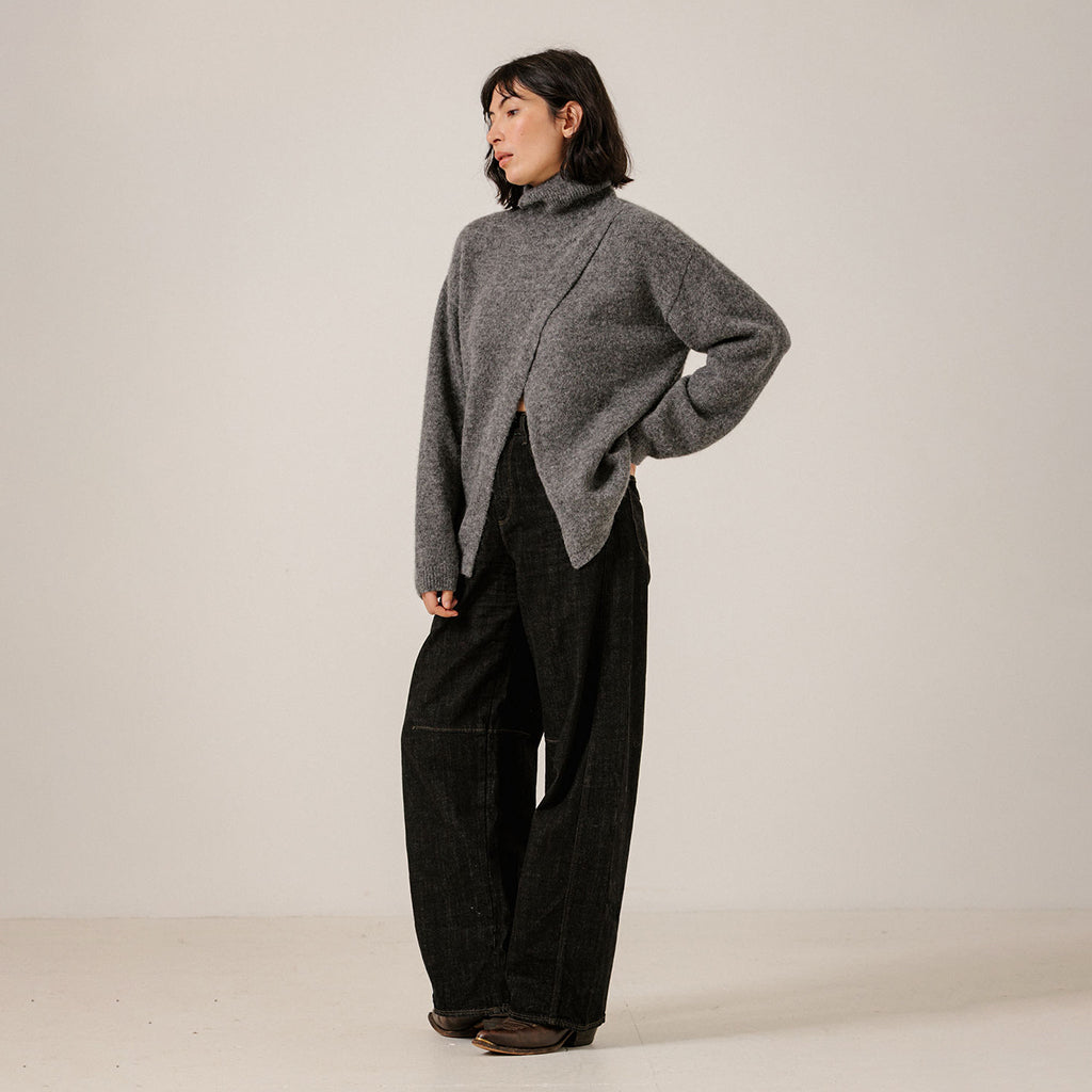 Bare Knitwear Trunk Show Woman Asymmetric Funnel Neck Sweater Charcoal Grey