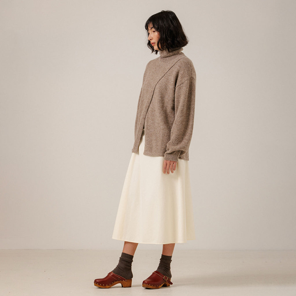 Bare Knitwear Trunk Show Woman Asymmetric Funnel Neck Sweater Dark Fawn Brown