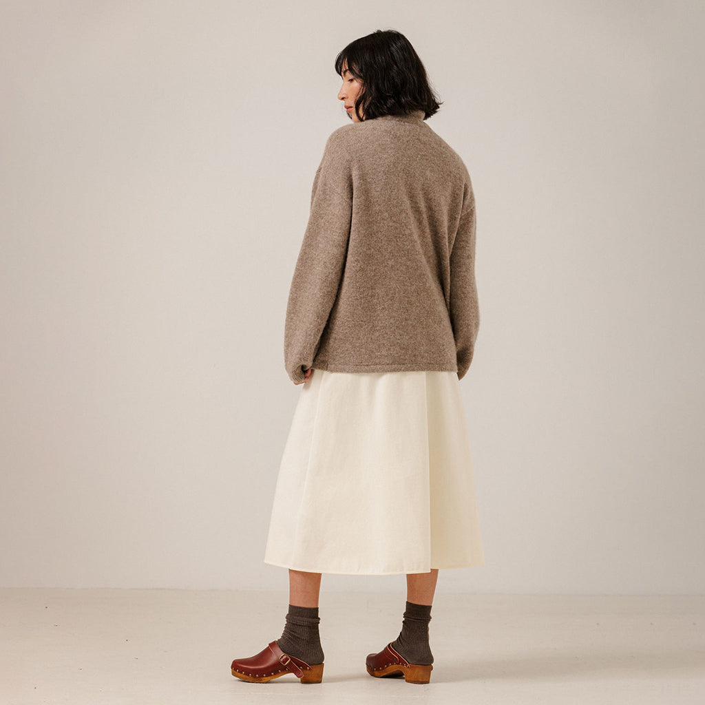 Bare Knitwear Trunk Show Woman Asymmetric Funnel Neck Sweater Dark Fawn Brown