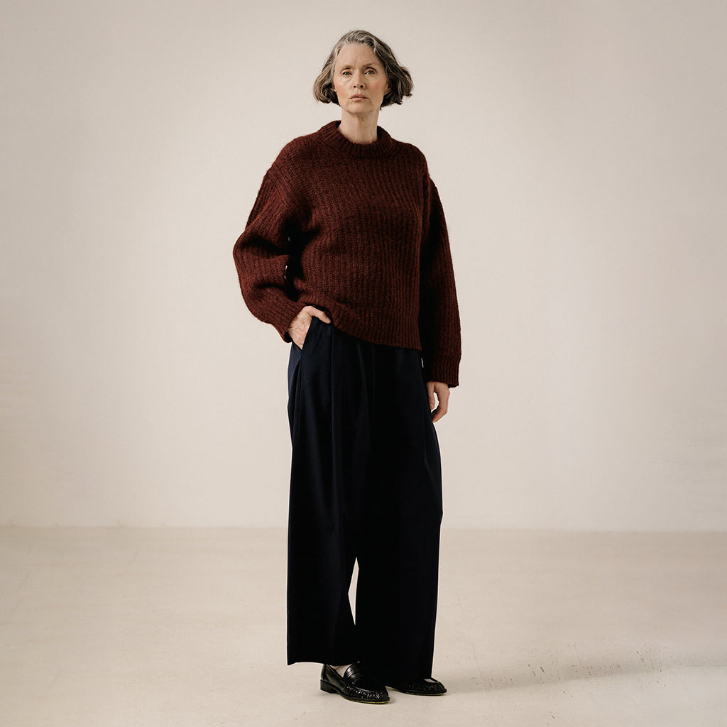 Bare Knitwear Trunk Show Woman Lofty Alpaca Crewneck Sweater Deep Maroon Red