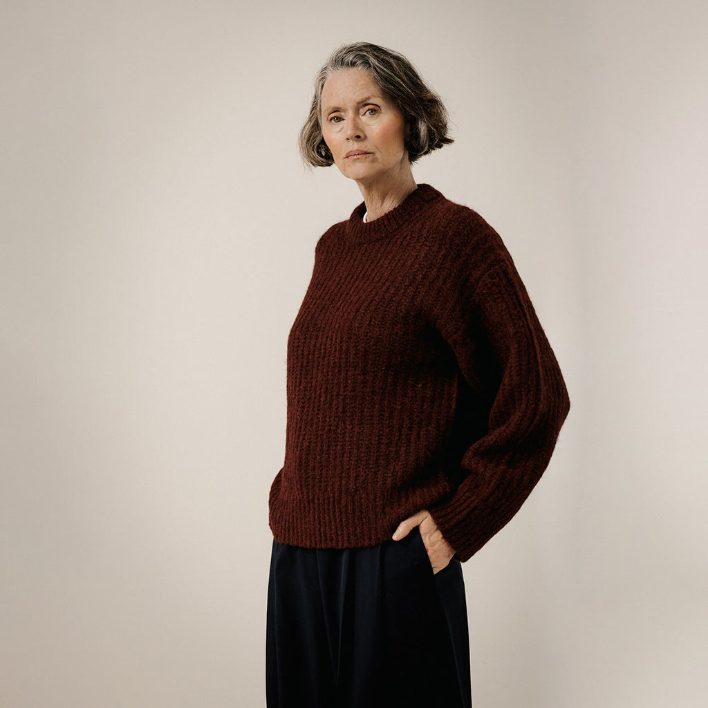 Bare Knitwear Trunk Show Woman Lofty Alpaca Crewneck Sweater Deep Maroon Red