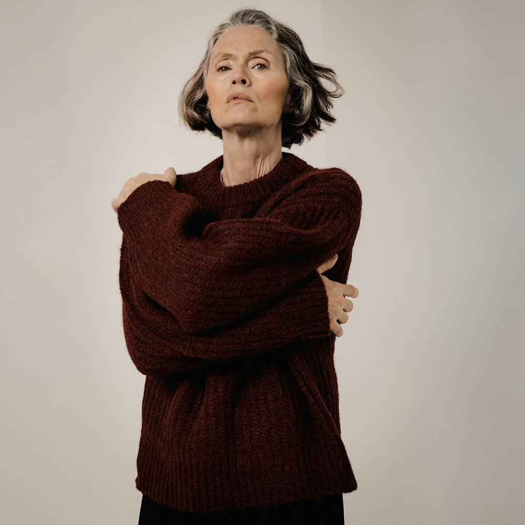 Bare Knitwear Trunk Show Woman Lofty Alpaca Crewneck Sweater Deep Maroon Red