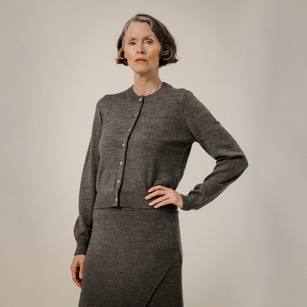 Bare Knitwear Trunk Show Woman Classic Merino Cardigan Charcoal Grey