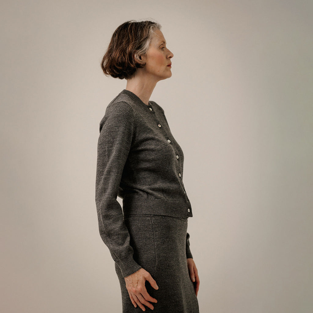 Bare Knitwear Trunk Show Woman Classic Merino Cardigan Charcoal Grey