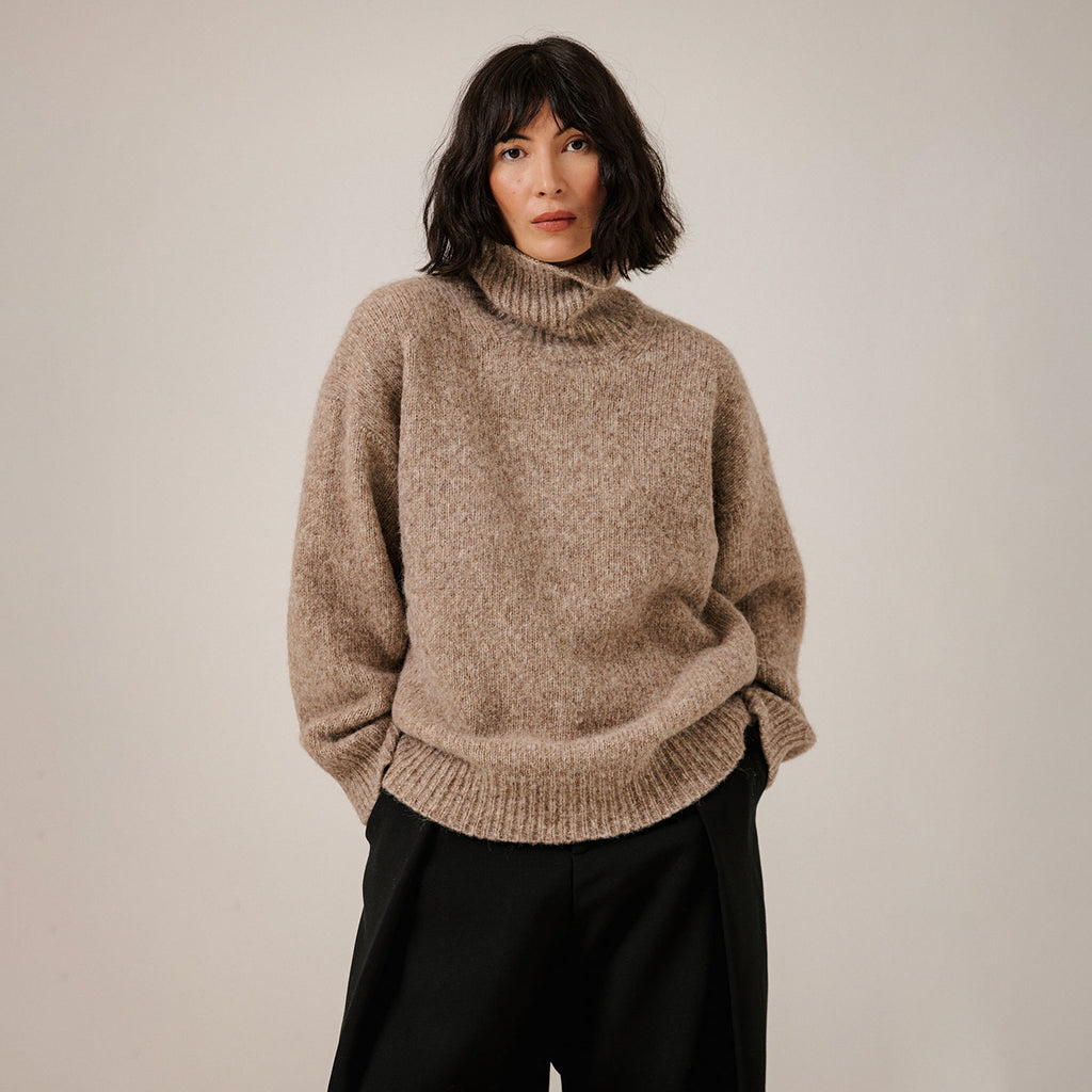 Bare Knitwear Trunk Show Woman Oversized Alpaca Turtleneck Sweater Dark Fawn Brown