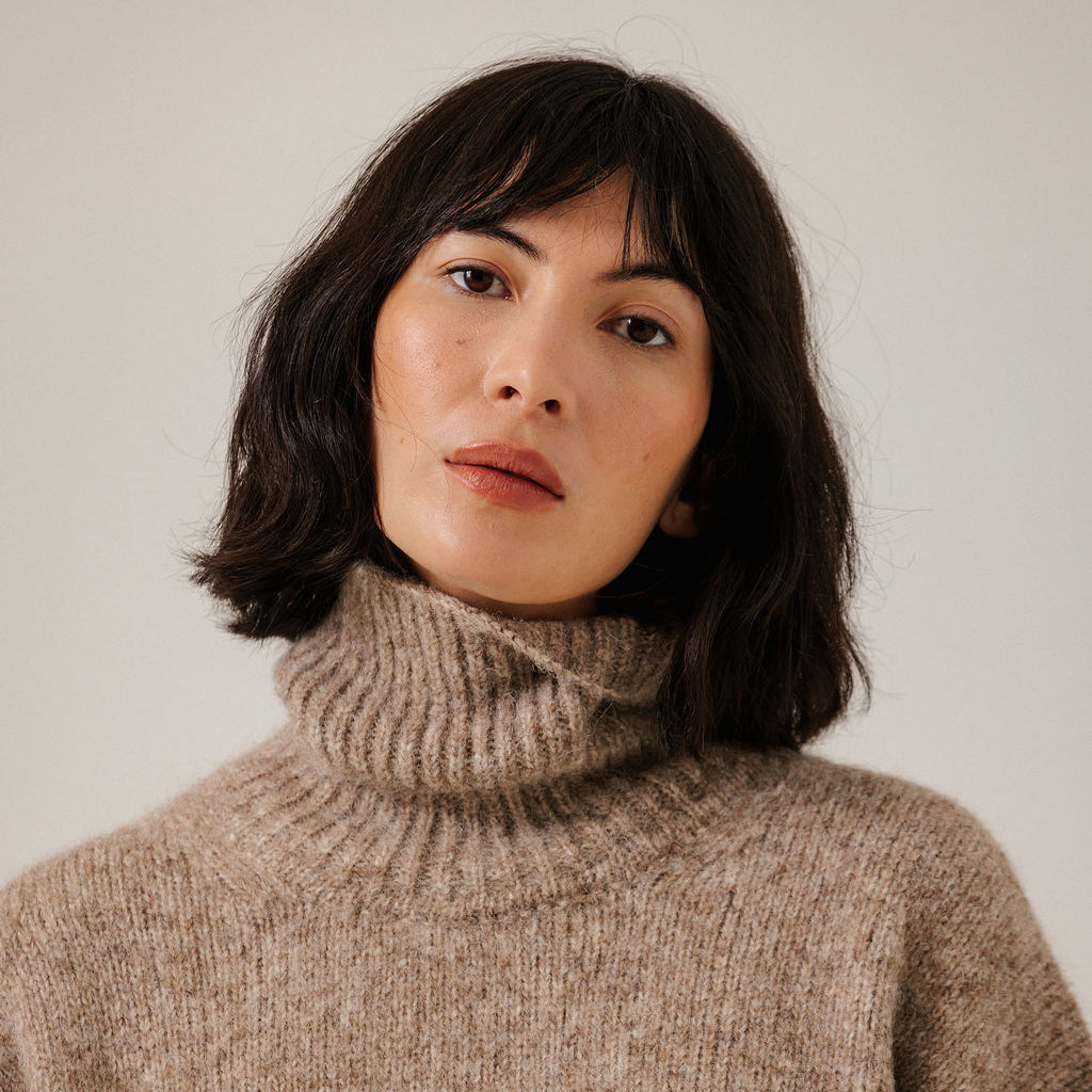 Bare Knitwear Trunk Show Woman Oversized Alpaca Turtleneck Sweater Dark Fawn Brown