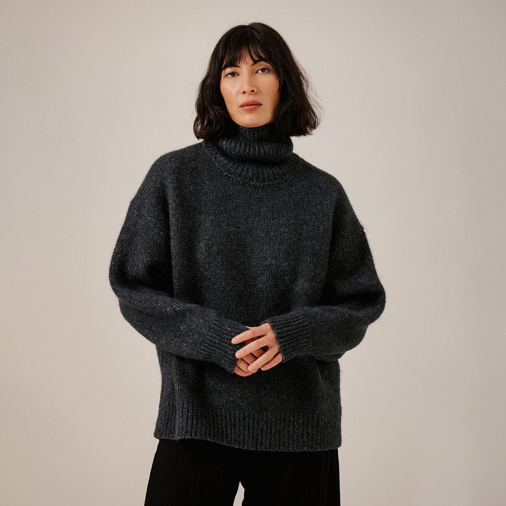 Bare Knitwear Trunk Show Woman Oversized Alpaca Turtleneck Sweater Dark Navy Blue