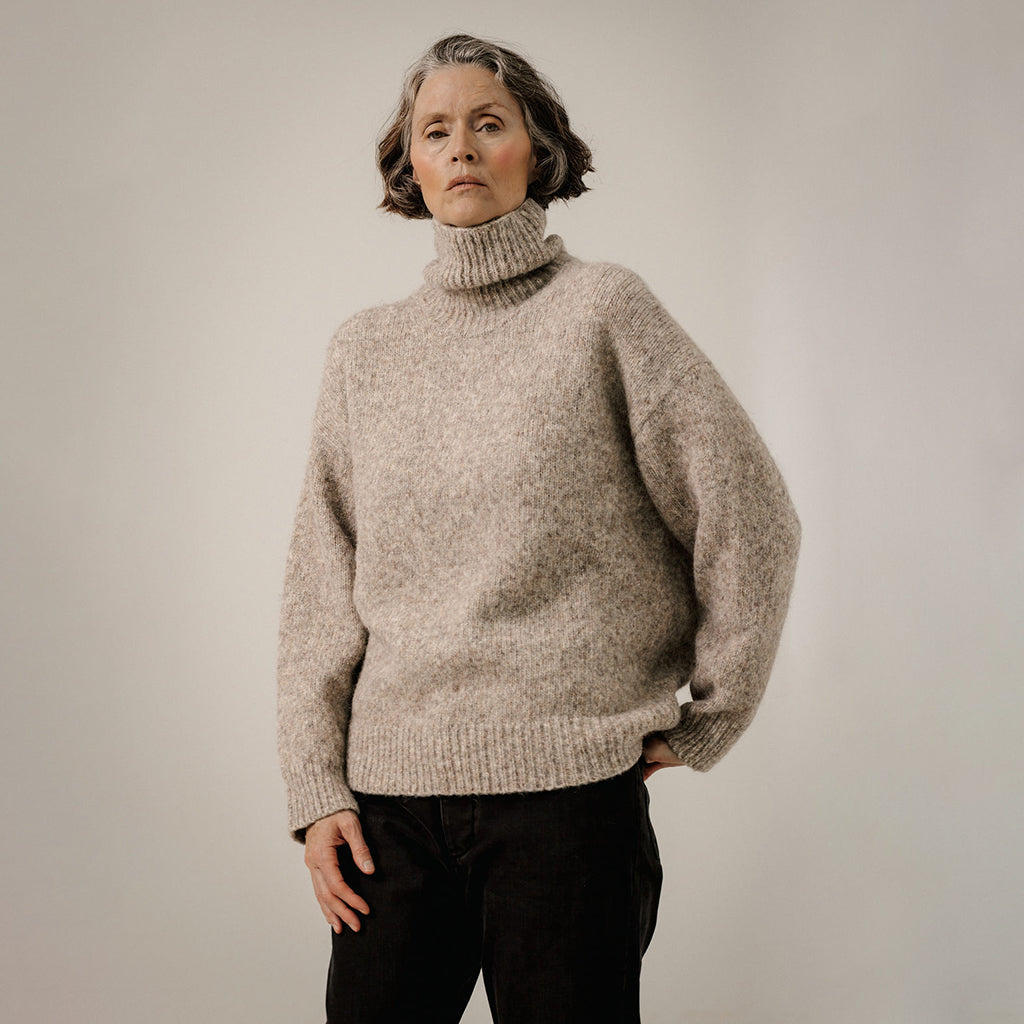 Bare Knitwear Trunk Show Woman Oversized Alpaca Turtleneck Sweater Marble Grey