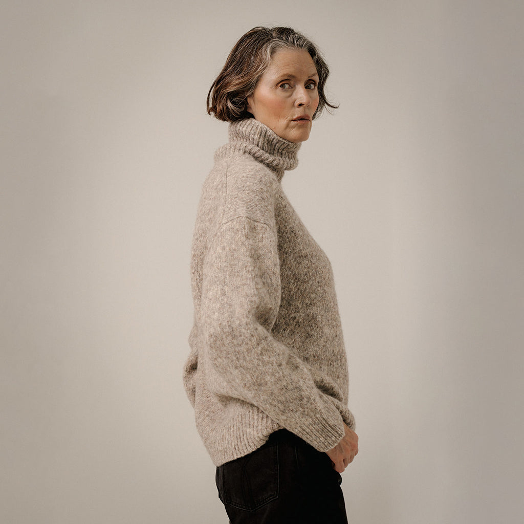 Bare Knitwear Trunk Show Woman Oversized Alpaca Turtleneck Sweater Marble Grey