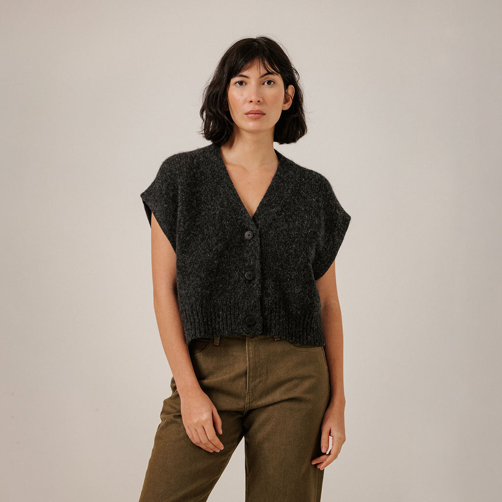 Bare Knitwear Trunk Show Woman Alpaca Button Down Vest Basalt Grey