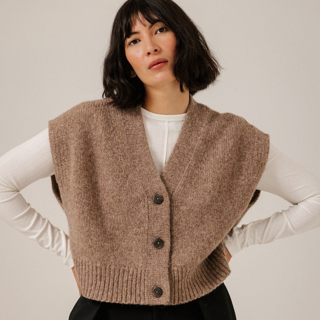 Bare Knitwear Trunk Show Woman Alpaca Button Down Vest Dark Fawn Brown