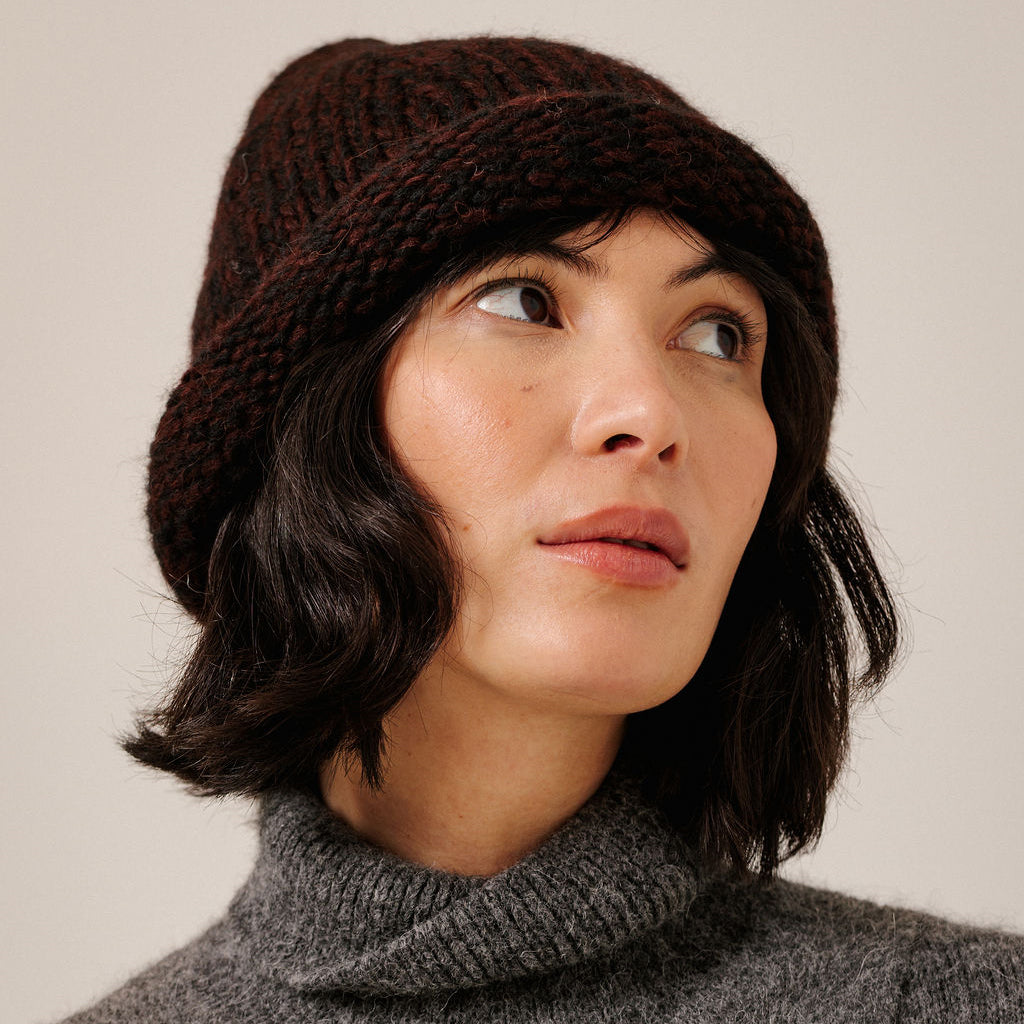 Bare Knitwear Woman Baby Alpaca Roll Hat Maroon Red Marl
