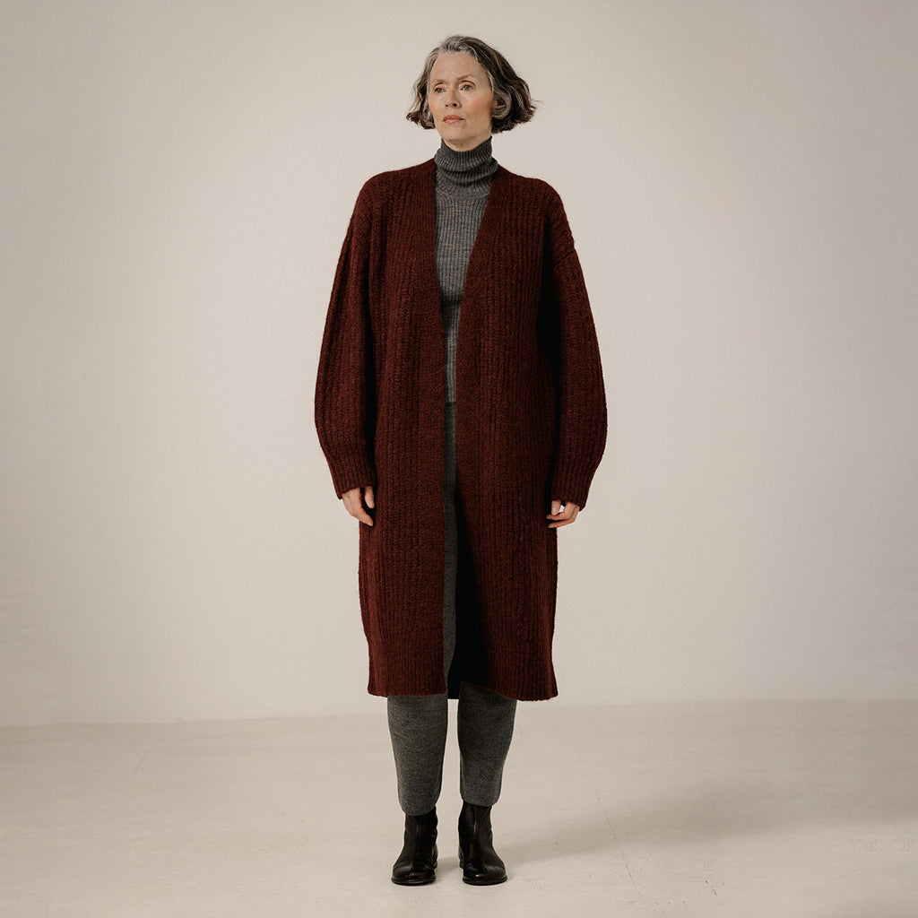 Bare Knitwear Woman Lofty Alpaca Midi Cardigan Deep Maroon Red