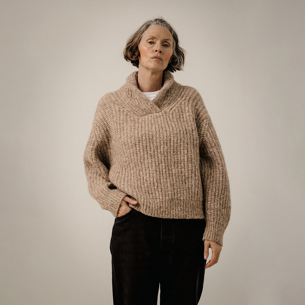Bare Knitwear Trunk Show Woman Oversized Shawl Pullover Sweater Dark Fawn Brown