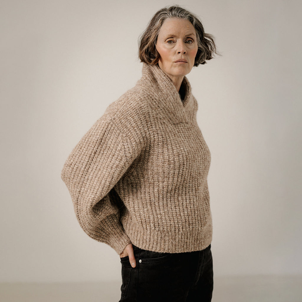 Bare Knitwear Trunk Show Woman Oversized Shawl Pullover Sweater Dark Fawn Brown