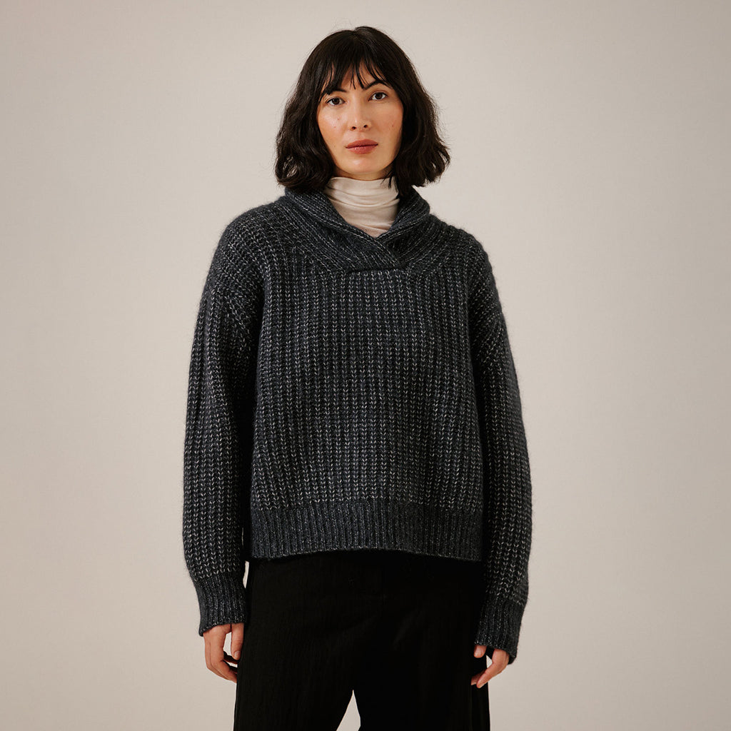 Bare Knitwear Trunk Show Woman Oversized Shawl Pullover Sweater Dark Navy Blue