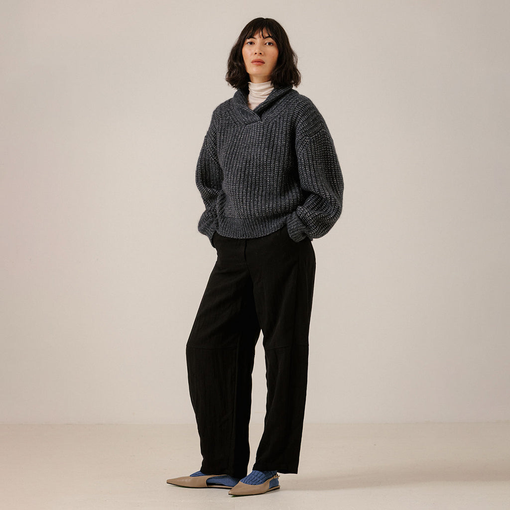 Bare Knitwear Trunk Show Woman Oversized Shawl Pullover Sweater Dark Navy Blue