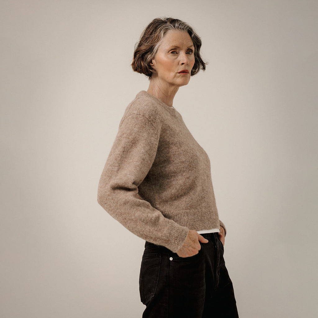 Bare Knitwear Trunk Show Woman Baby Alpaca Crewneck Sweater Dark Fawn Brown