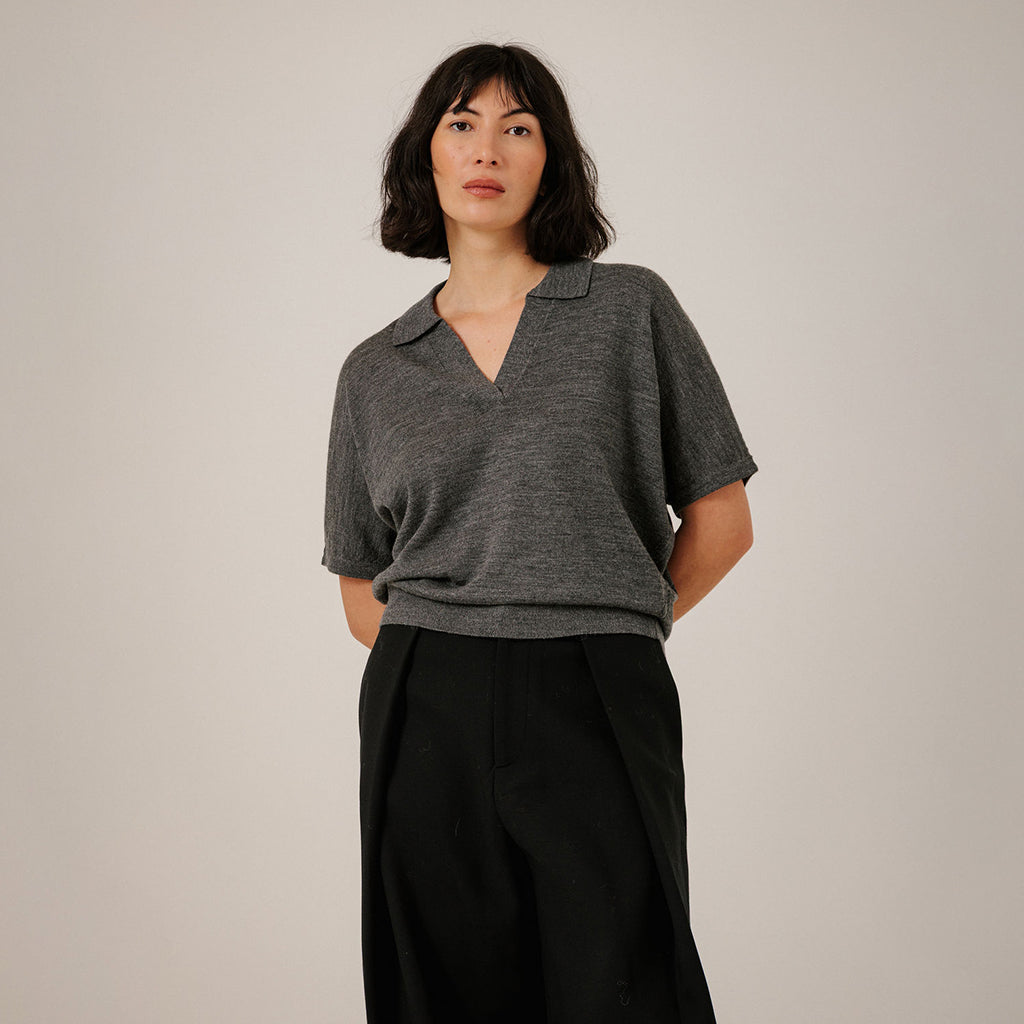 Bare Knitwear Trunk Show Woman Batwing Merino Polo T-shirt Charcoal Grey
