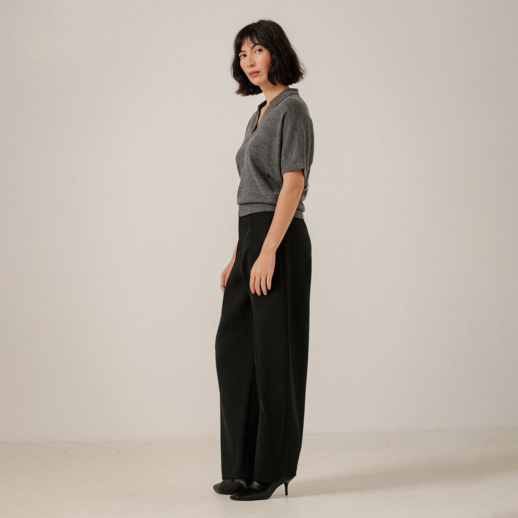 Bare Knitwear Trunk Show Woman Batwing Merino Polo T-shirt Charcoal Grey
