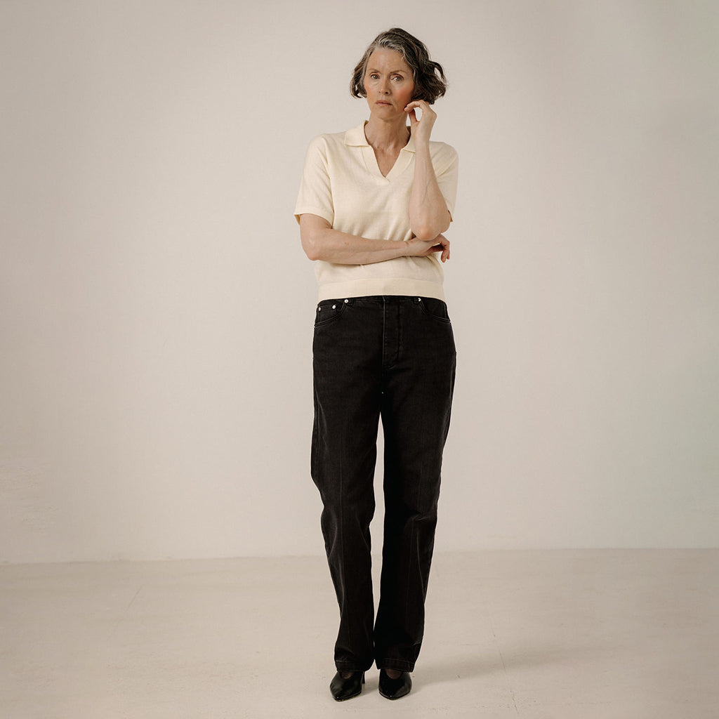 Bare Knitwear Woman Batwing Merino Polo T-shirt Ivory Cream