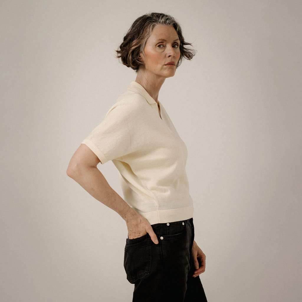 Bare Knitwear Woman Batwing Merino Polo T-shirt Ivory Cream