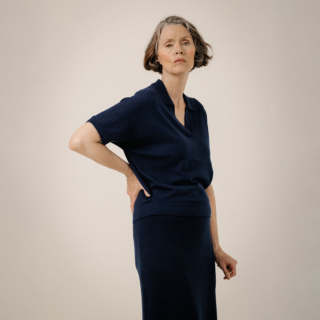 Bare Knitwear Trunk Show Woman Batwing Merino Polo T-shirt Navy Blue