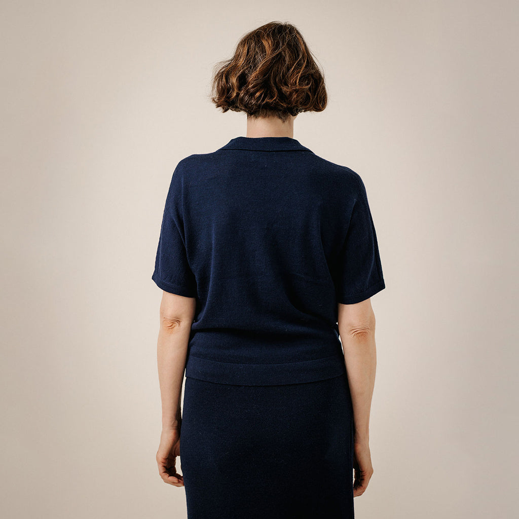 Bare Knitwear Trunk Show Woman Batwing Merino Polo T-shirt Navy Blue
