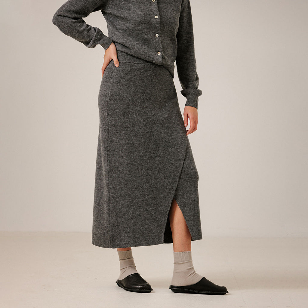 Bare Knitwear Trunk Show Woman Asymmetric Midi Skirt Charcoal Grey
